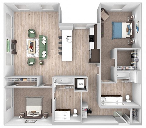 Floor plan for 2 beds, 2 baths, 1142 sqft